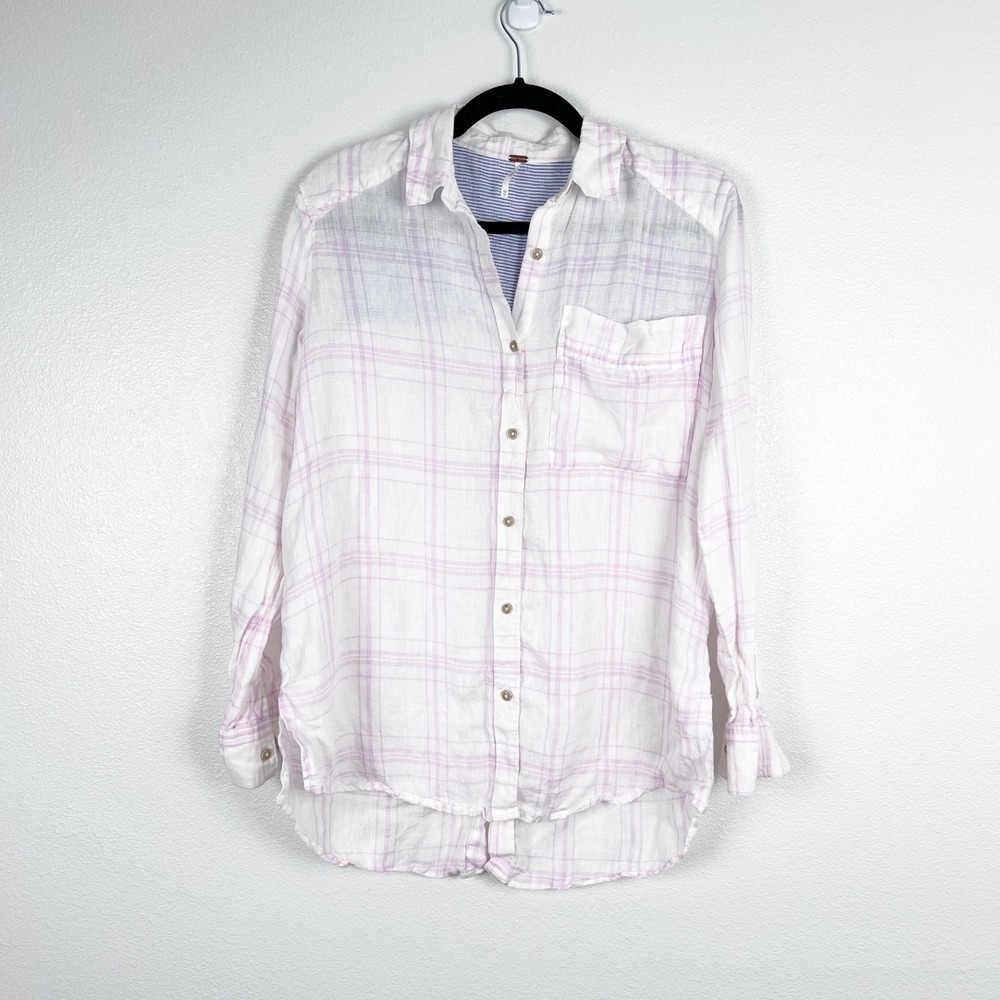 Free People Women's No Limits Plaid Linen Button Down Shirt‎ Sz XS